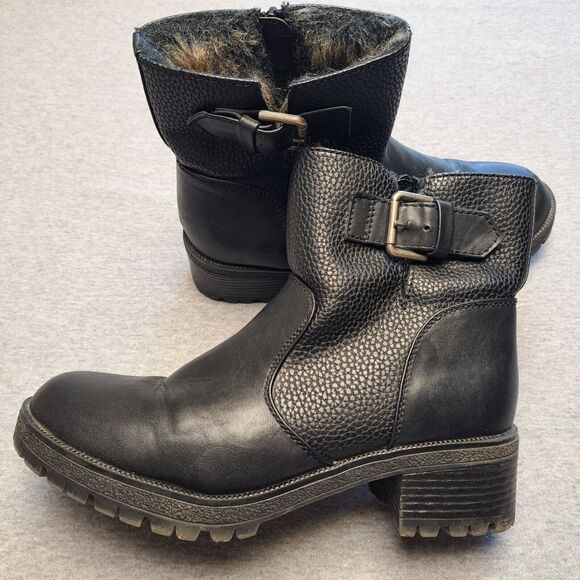 JUST FAB ANKLE BOOTS WOMENS SIZE 9 BLACK FAUX FUR LINED CHUNKY SOLE BIKER COMFY - Picture 2 of 10